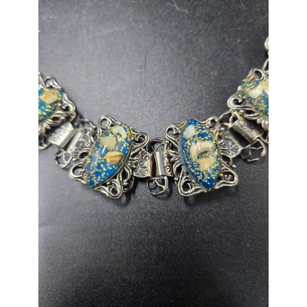 Vintage‎ Silver Filigree Bracelet Lucite Blue And Gold Accents